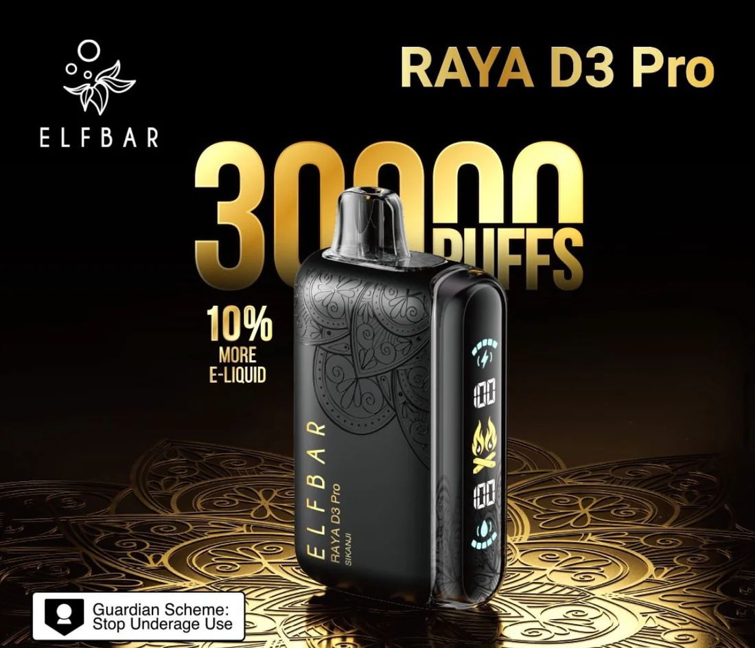 99CE1D9F-9C81-4988-92A7-F7C3C7C7DFE9 ELFBAR Raya D3 Pro Black and Gold Edition Blue Razz Ice Disposable Vape