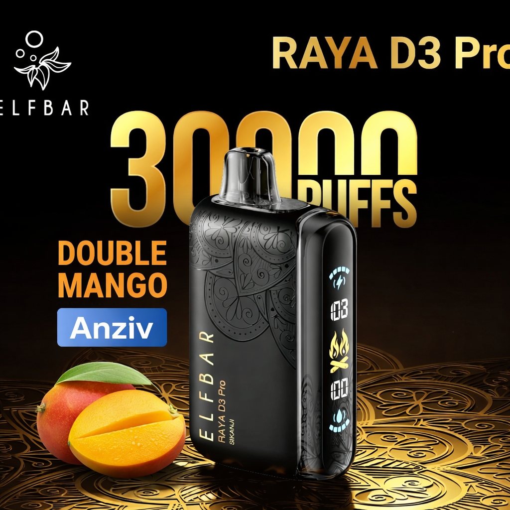 ChatGPT Image Jan 12, 2026, 11_29_13 AM ELFBAR Raya D3 Pro Double Mango 30000 Puffs Disposable Vape – Black & Gold Edition | Anziv